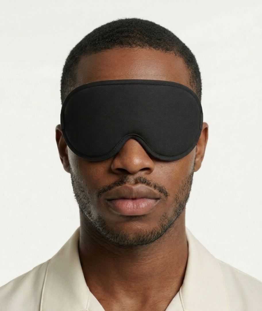 A man wearing a black sleep mask stands against a plain white background. He appears calm and relaxed, dressed in a light-colored shirt.