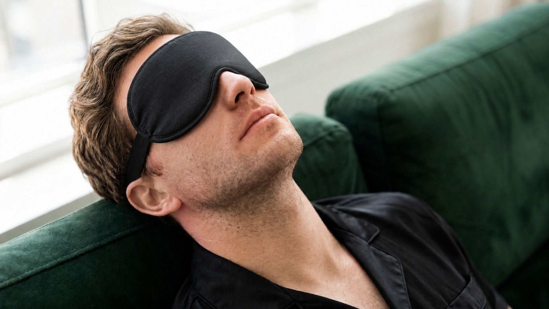 Man wearing a black sleep mask, lying on a green couch with a blurred indoor background.