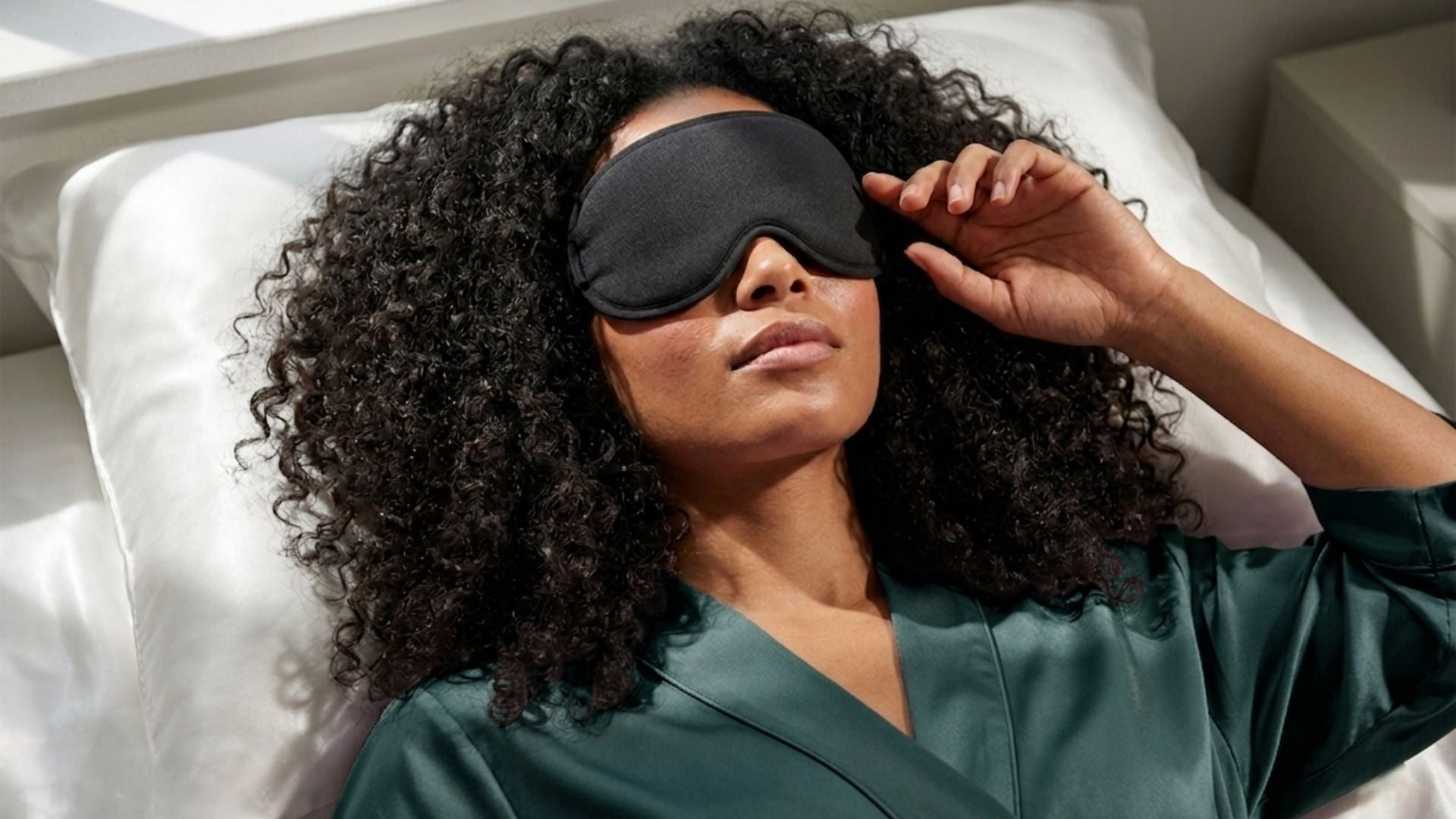 Woman wearing a sleep mask in bed, looking relaxed.